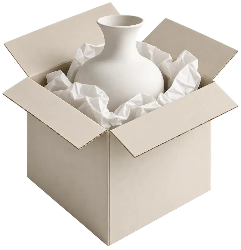 Caja abierta con un jarrón protegido con papel.