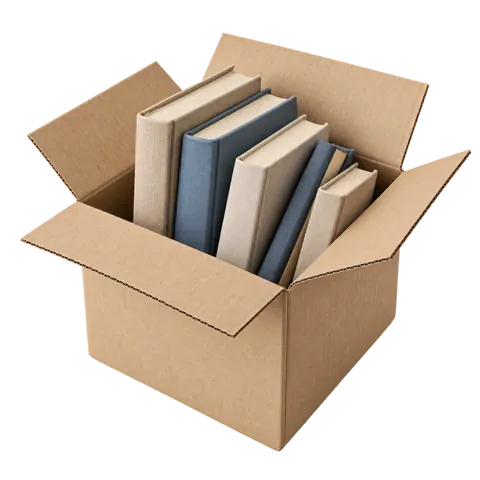 Caja de cartón abierta con libros acomodados de pie