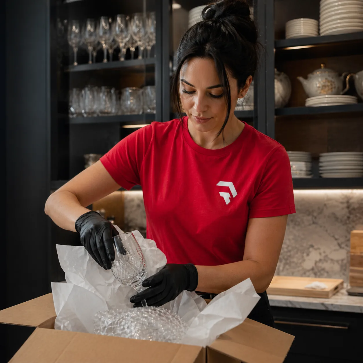 Operadora HGR protegiendo copas de cristal con papel y burbuja frente a una vitrina